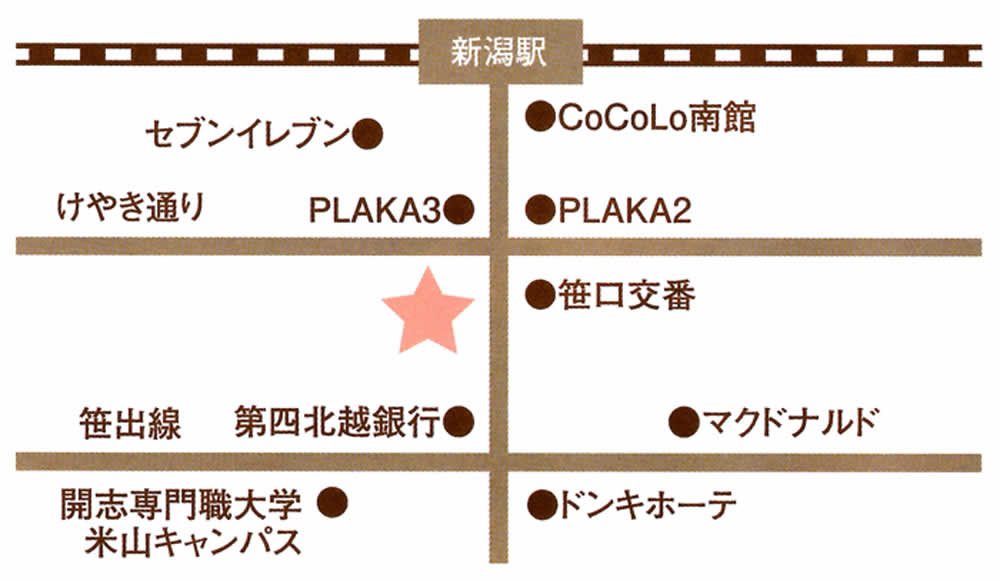 新潟駅からときや CAFÉまでの経路を示したアクセスマップ